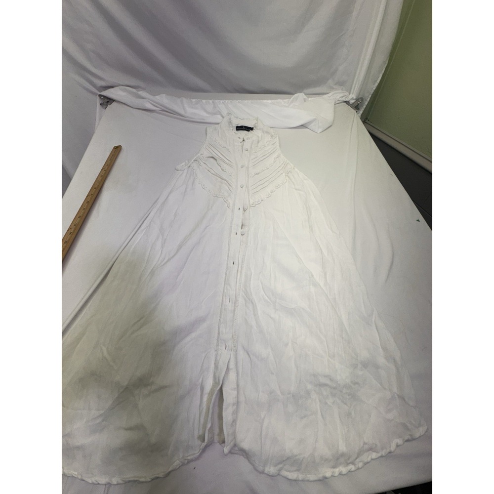 Pomder Place Shirt Dress White Lace Trim Button Up Midi Lace Boho Hippy Minim S